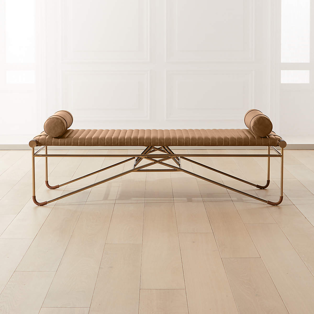 La Strizza 61" Saddle Leather Bench With Bolster Pillows, Buff Leather in Tan