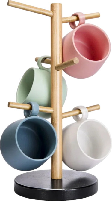 Bamboo Mug Holder Tree, Thicker Base Coffee Cup Holder Stand, Mug Rack with 6 Hooks, Natural/Black 