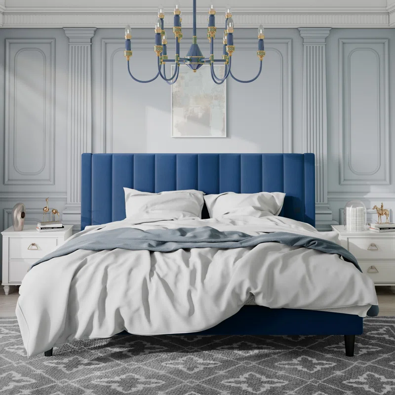 Navy Blue Austell Velvet Wingback Bed