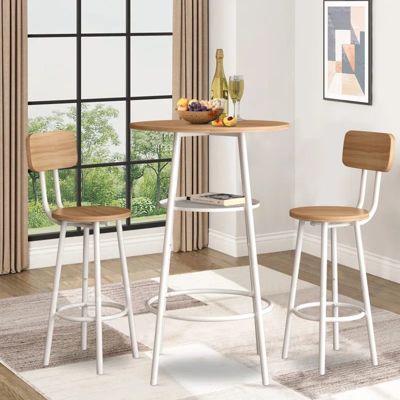 Varville 3-Piece Bar Table Set for 2, Small 2-Tier Round Bistro Pub Dining Table Set with Backrest