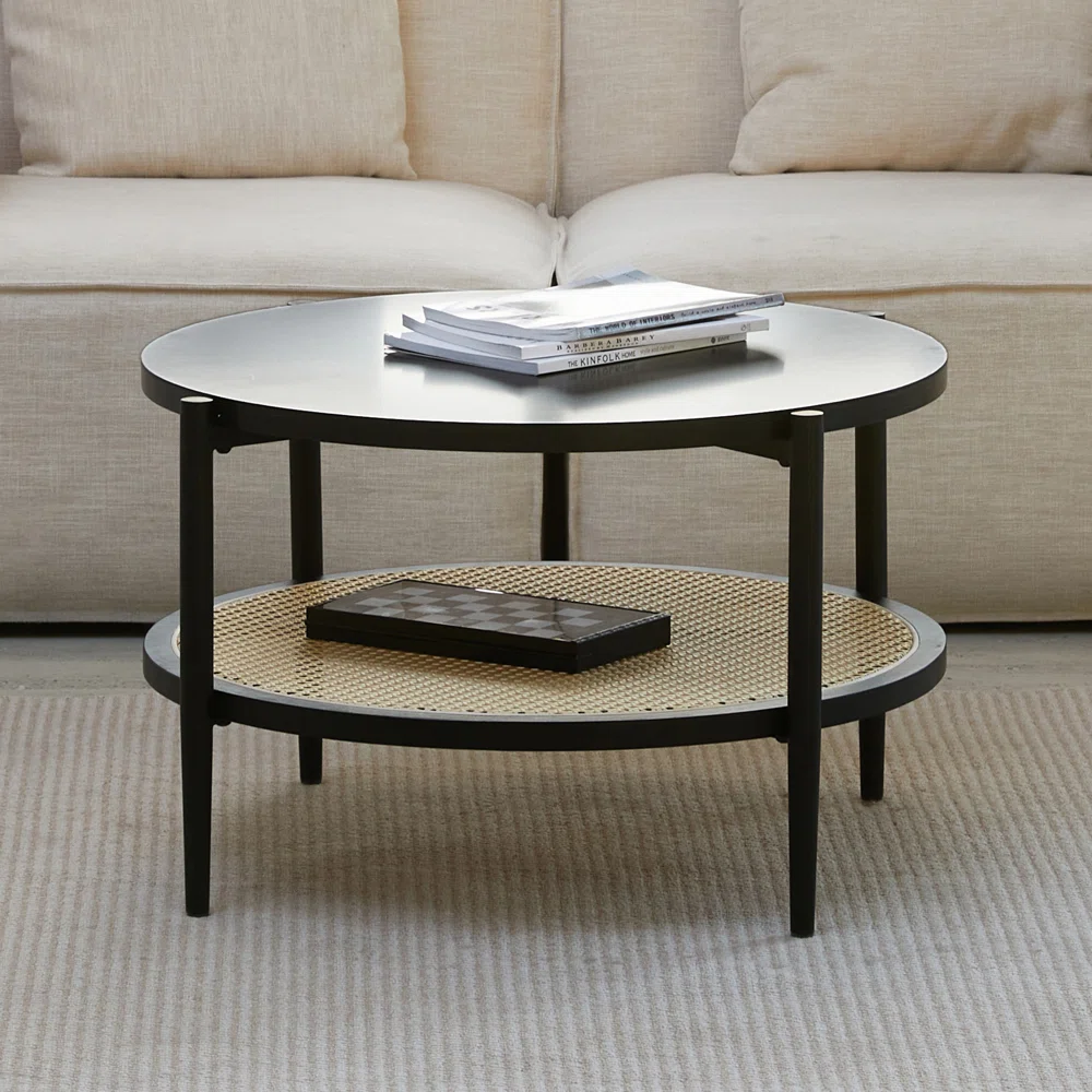 Storden Retro Wood Round Coffee Table with Rattan Storage