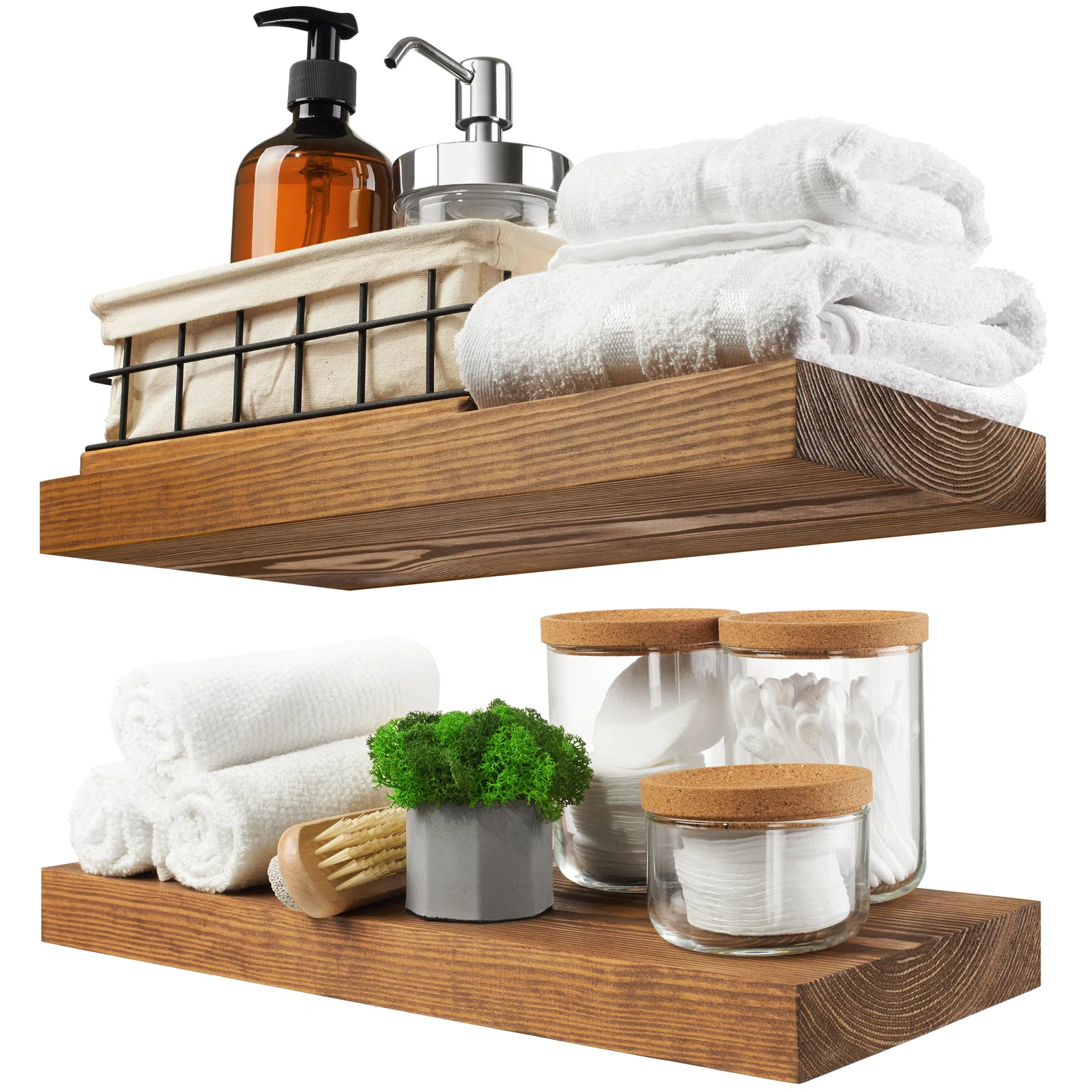 Solid Wood Floating Shelves, Bathroom Wall Shelves (Set of 2)