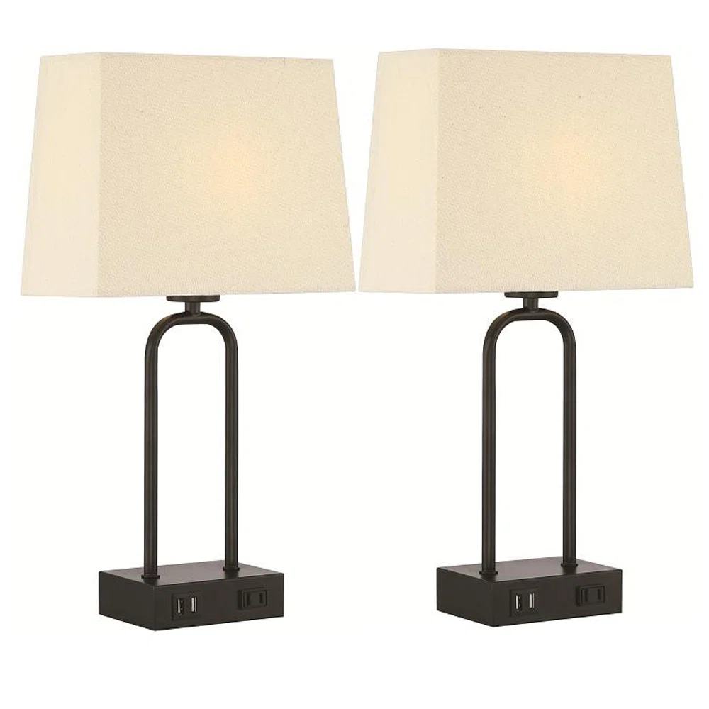 Jaira 18 in. Black Metal Table Lamp Set with Dual USB Ports and AC Outlet (Set of 2)