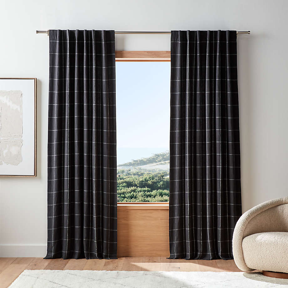 Storm Grey & Crisp White Linen Double Pinstripe Grid Window Curtain Panel