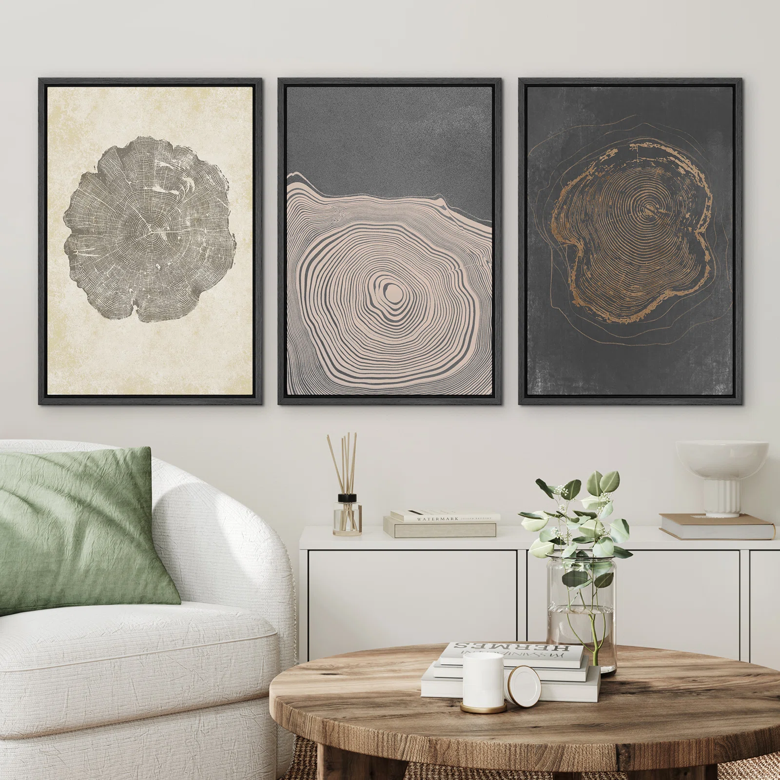 Pastel Gray Wood Tree Ring Neutral Minimalist Pictures Framed Canvas 3 Pieces Set Print Wall Art