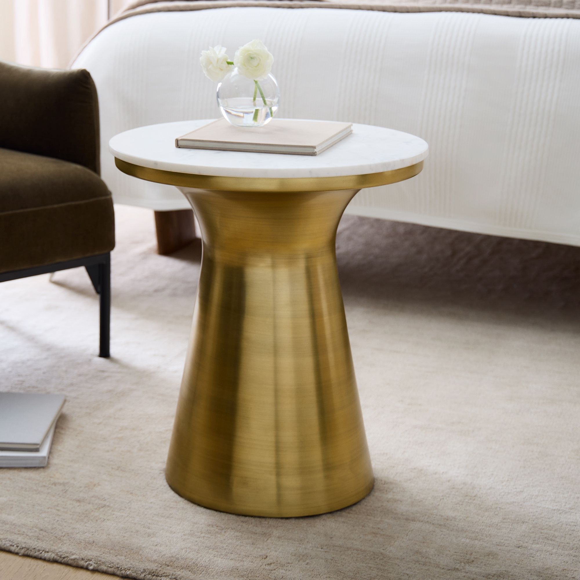 Marble Topped Pedestal Side Table - White Marble/Antique Brass