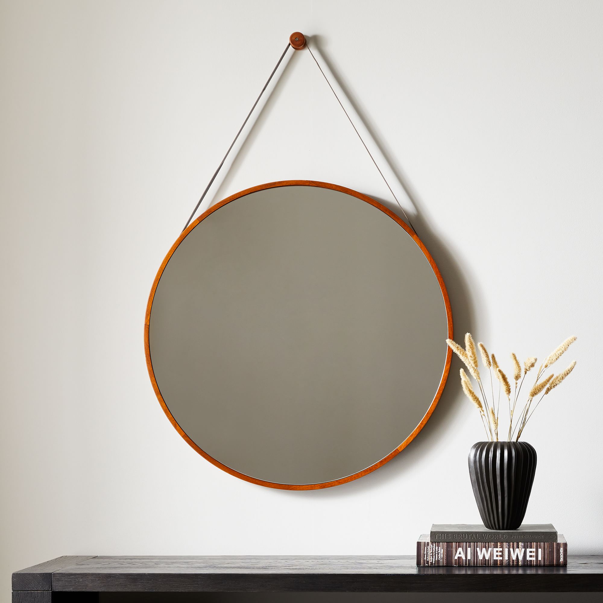 Modern Hanging Round Wall Mirror w/ Leather Strap
