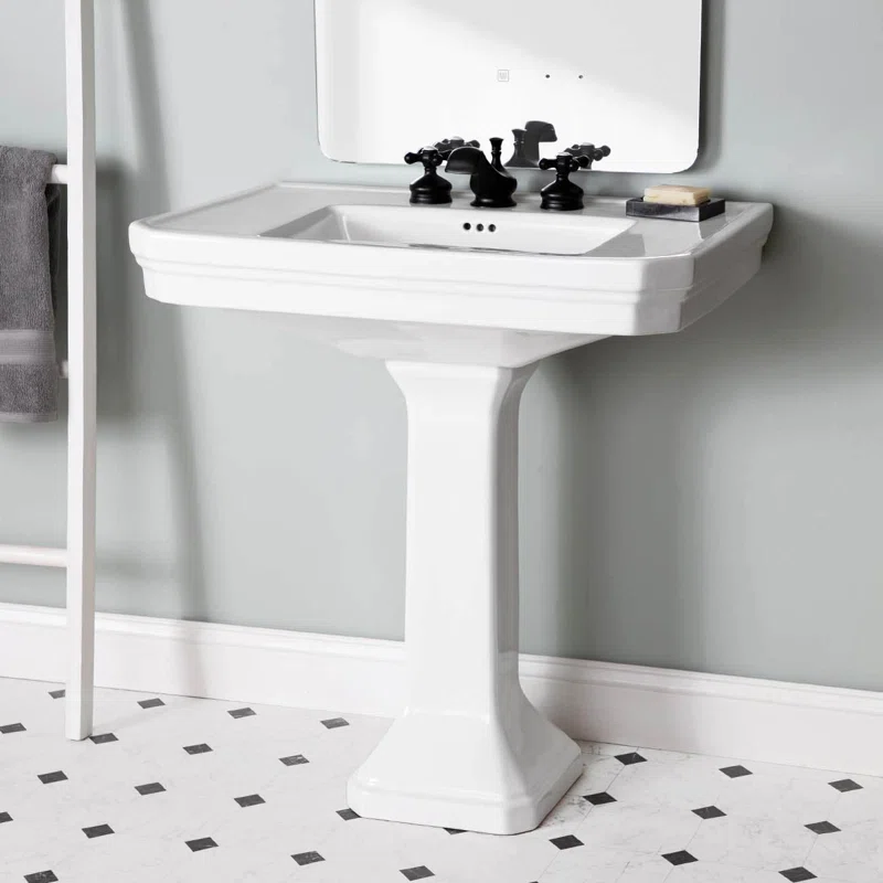 Chevington 27.5'' Tall White Porcelain Rectangular Pedestal Bathroom Sink with Overflow